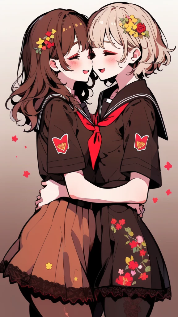 ((YURI)), Perfect Face, Multiple Girls, (((2Girls))), ((Brown Hair Gril, Short Hair)), ((Blonde Hair Girl, Wavy Hair)), (((Two Friendly Girls:1.4))), ((Hug)), (((Symmetrical Posture, Cheeks Touching:1.5))), (((Smile))), (((Half Closed Eyes))), Open Mouth:0.8, BREAK;
(MakeUp, Red Eyeliner), (Wavy Hair, Short Hair), ((School Uniform, Sailor Suit, Dark Brown Collar, Dark Brown Shirts, Short Sleeve, Red Neckerchief)), ((School, Dark Brown Skirt)), (Brown Lace Pantyhose, Lace:1.5), Thighs:1.1, (Brown Loafers), Slender Body, ((Small Breasts:1.4)), Red Nails,
BREAK;
(8K, Best Quality, Ultra Detailliert, Highres, Absurdres, Perfect Anatomy, Masterpiece), Strong Outline, Five Fingers, (Blush), ((Posed Photo:1.3)), ((Wide-Angle Photo:1.3)), Dutch Angle, ((White BackGround, Floral Print:1.5, Flower BackGround:1.3, Floral BackGround:1.3)),