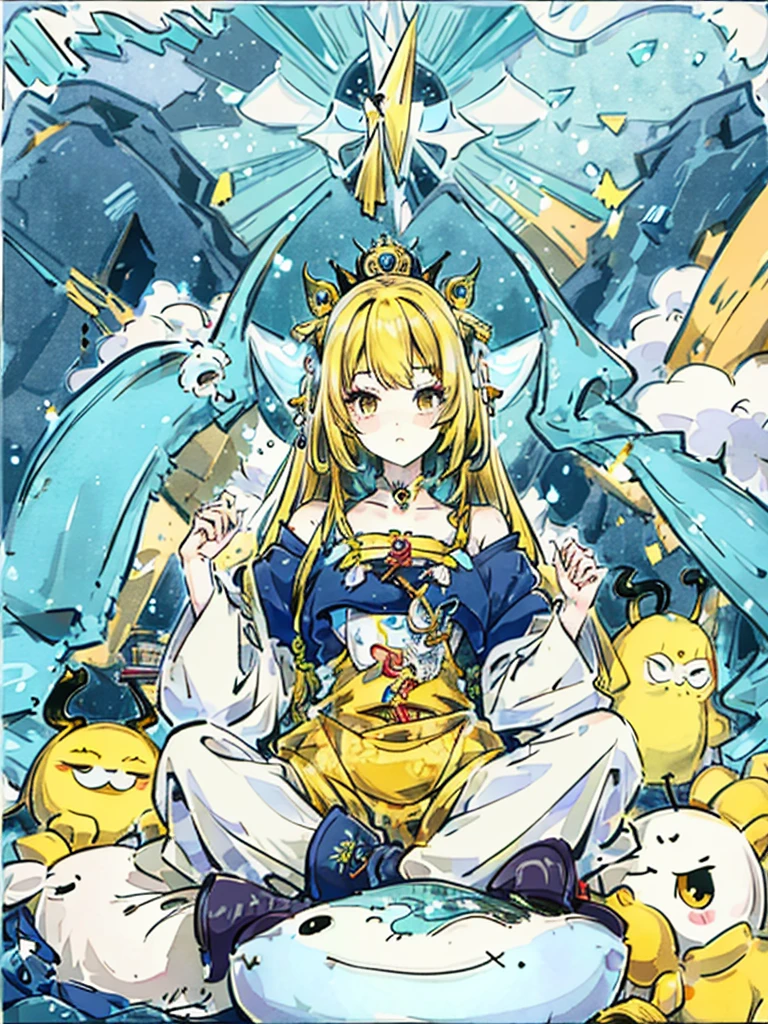 Generate a female with yellow hair , wearing a cute monster design onesie sitting unique pose into a background of a color splash using high quality , high definition , 32k resolution image