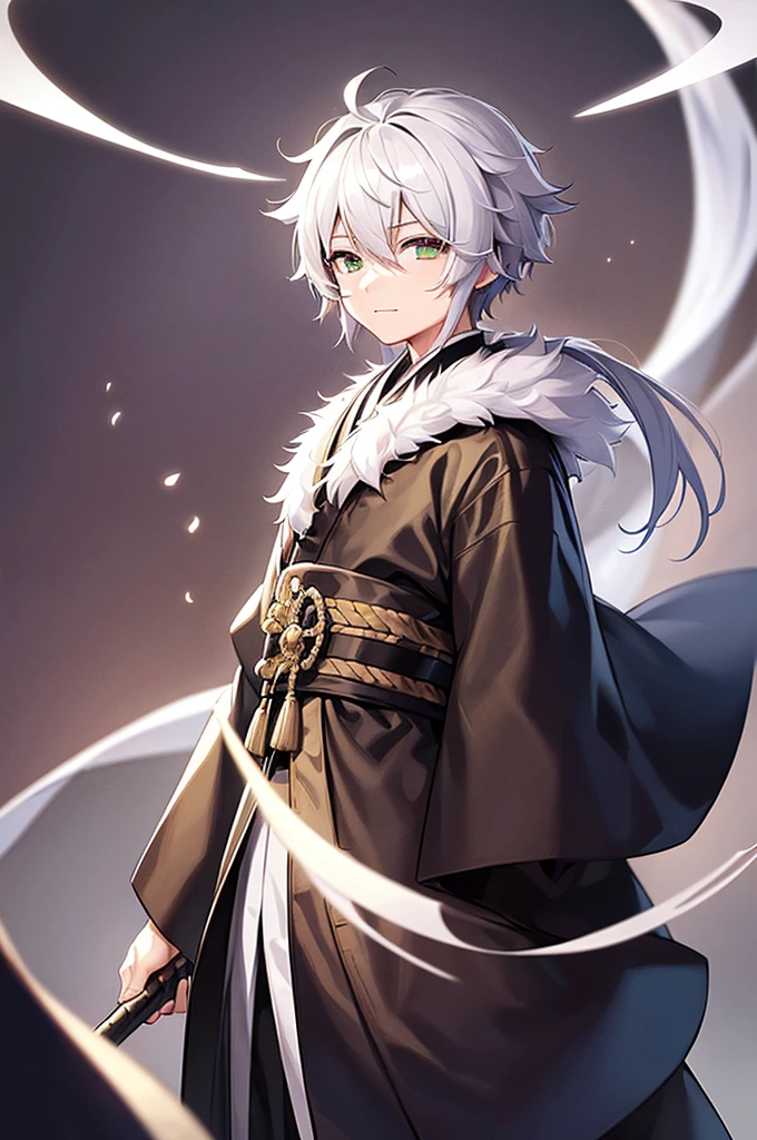 ((Pixiv)),(masterpiece_portrait),(Wuxia),(10s-anime-aesthetic),(Akira Kitamura),1boys,White_skin,sharp_face,medium_hair,white_hair,curly_hair,hair_over_one_eye,light_green_eyes,samurai,Japan,smiling_face,Closed_mouthhalf-closed_eyes,reaching_out,Black kimono,Gray tasuki,White bell-bottoms,Space Gray shoulder_cape,rice_hat,standing,cowboy shot,male_focus,ligne_claire