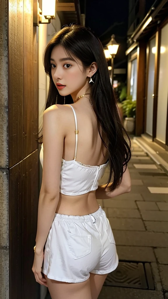 one girl,Beutiful women, In a corner of Kyoto,At night,Wearing a White camisole,Wear white shorts,long hair, wear a golden necklace,Wear silver earrings,Wear a gold bangle,Back view