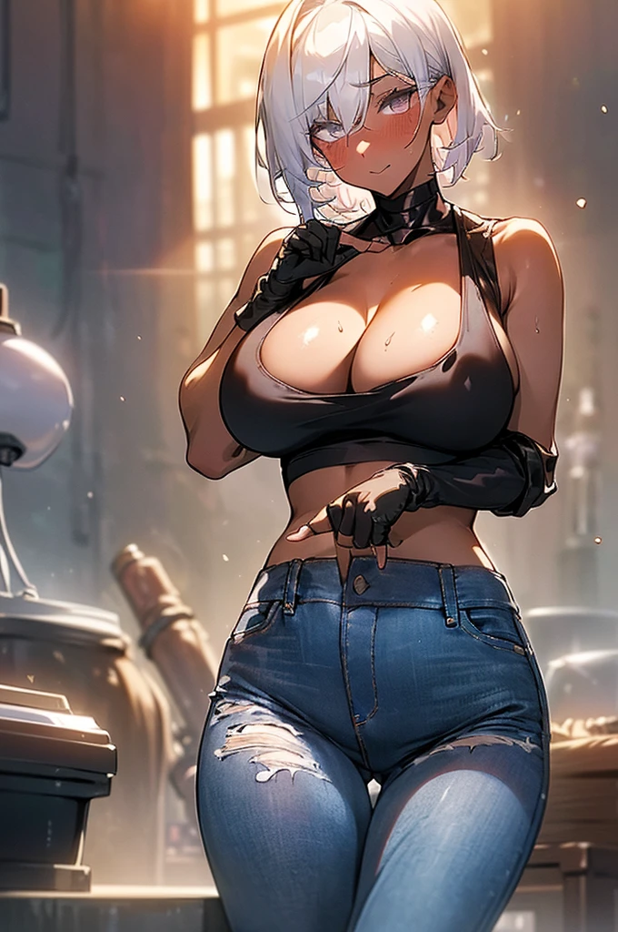 {masterpiece, distinct_image, extremely detailed CG, (extremely detailed fine touch:1.2), (heated iron_light, light rays, dappled light, ray tracing:1.2), beautiful eyes and detailed face,white ink splashing, photo realistic, 4k, 8k, high_resolution,anime style beutiful woman, (perfect_finger:1.6), (beautiful_detailed_eyes:1.3), glitter, red_light, (glow_red_face, front_light:1.3),{1girl, face_focus, looking for_in_viewer, cowboy_shot, dynamic angle, From Below, Angle showing the underboob, standing, hands_on_hips },{adult, (huge_breasts, wide_hip:1.3),thigh_gap, groin, narrow waist, skinny stomach, navel (black cropped tank top, leather welding gloves, retro goggles on top of head, cleavage, tight jeans, black panty thongs:1.7),(white_hair, black_eyes, short_hair, slanted_eyes, bangs, serious expression, empty_eyes, tanned skin, dark skin:1.3), sweat, smith's workshop background}