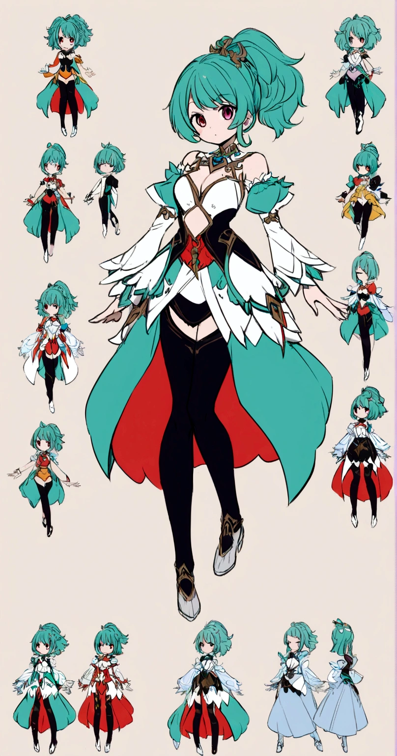 character design board, anime girl, design, just one character, clothes, rotation, fantasy clothes, complex design