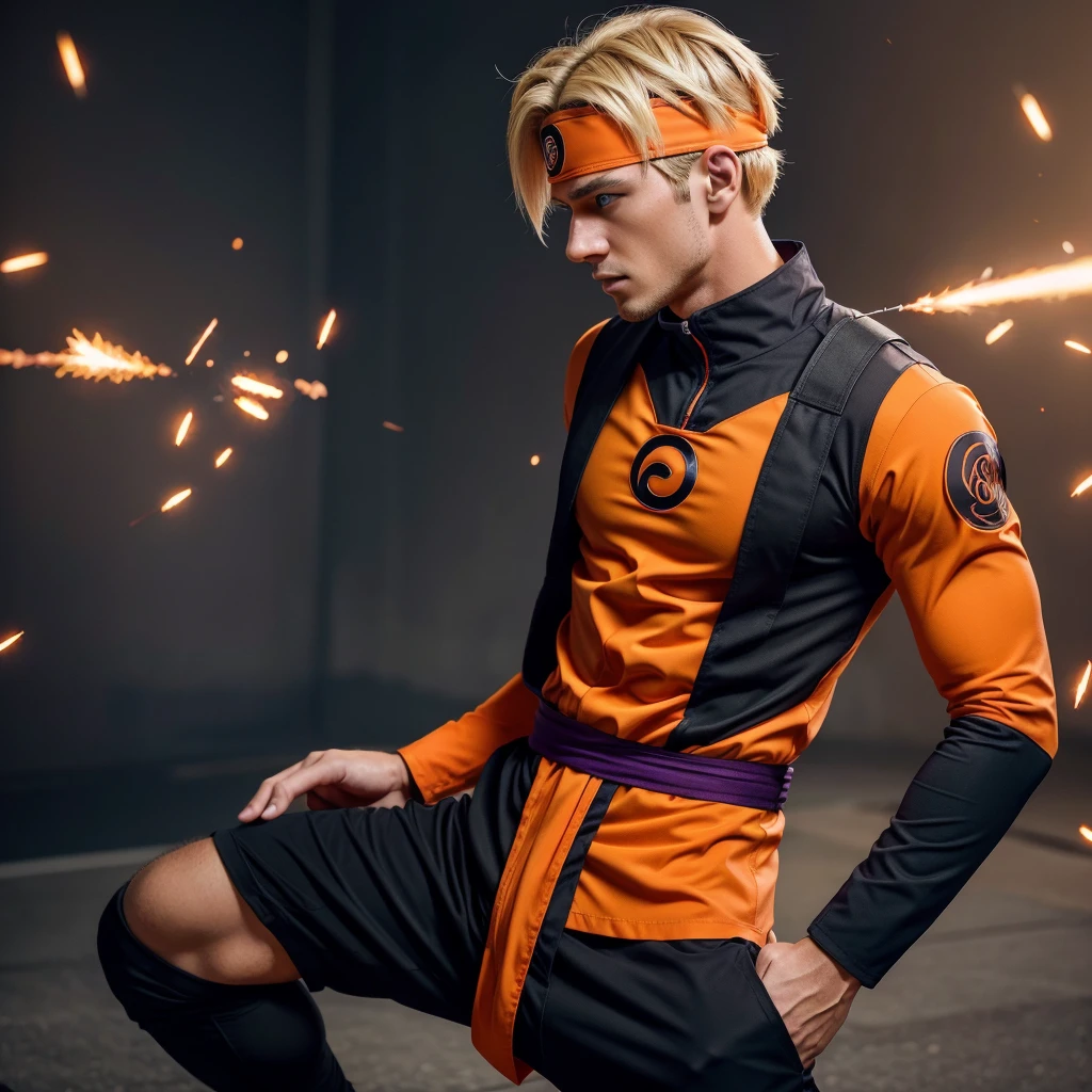 Hot profile picture in a dynamic pose, ready for action. He should be wearing his signature orange and black ninja outfit, complete with a headband featuring the Konoha symbol, masterpiece, extremely accurate rendering, cool handsome Naruto, blond hair, looking at viewer, solo, reliable, savior of the world, simple design, beautiful image best, 8K, light red eyes, original orange clothing style according to the characters in the story, reflecting the red and purple sparks on the chest. 