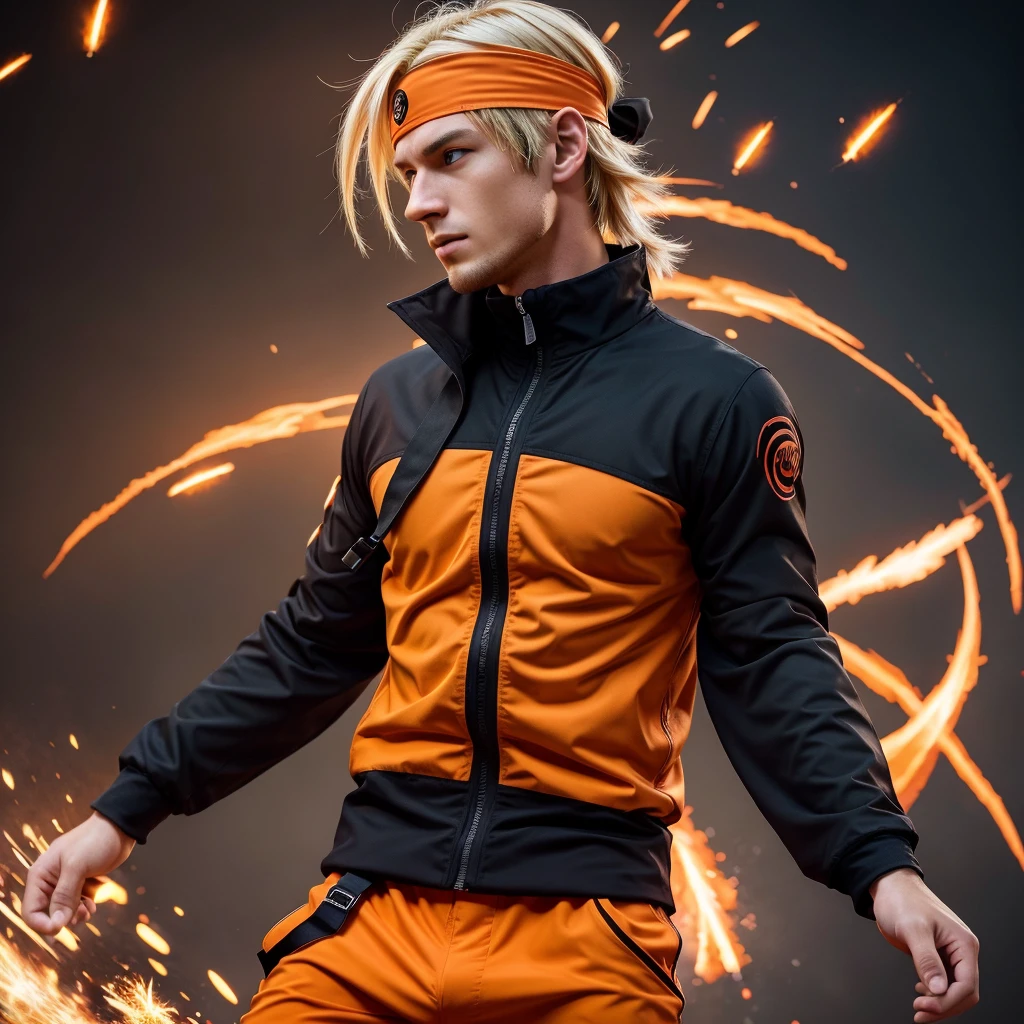 Hot profile picture in a dynamic pose, ready for action. He should be wearing his signature orange and black ninja outfit, complete with a headband featuring the Konoha symbol, masterpiece, extremely accurate rendering, cool handsome Naruto, blond hair, looking at viewer, solo, reliable, savior of the world, simple design, beautiful image best, 8K, light red eyes, original orange clothing style according to the characters in the story, reflecting the red and purple sparks on the chest.
