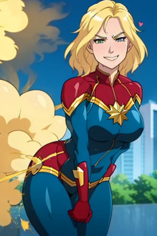 solo, 1female, captain marvel, pale skin , blue outfit, blonde hair, sexy body, tall and skinny, farting, massive fart, yellow smoke rising, relieved face, bend over, smiling, clenching teeth, blush, alone in park, heart signs