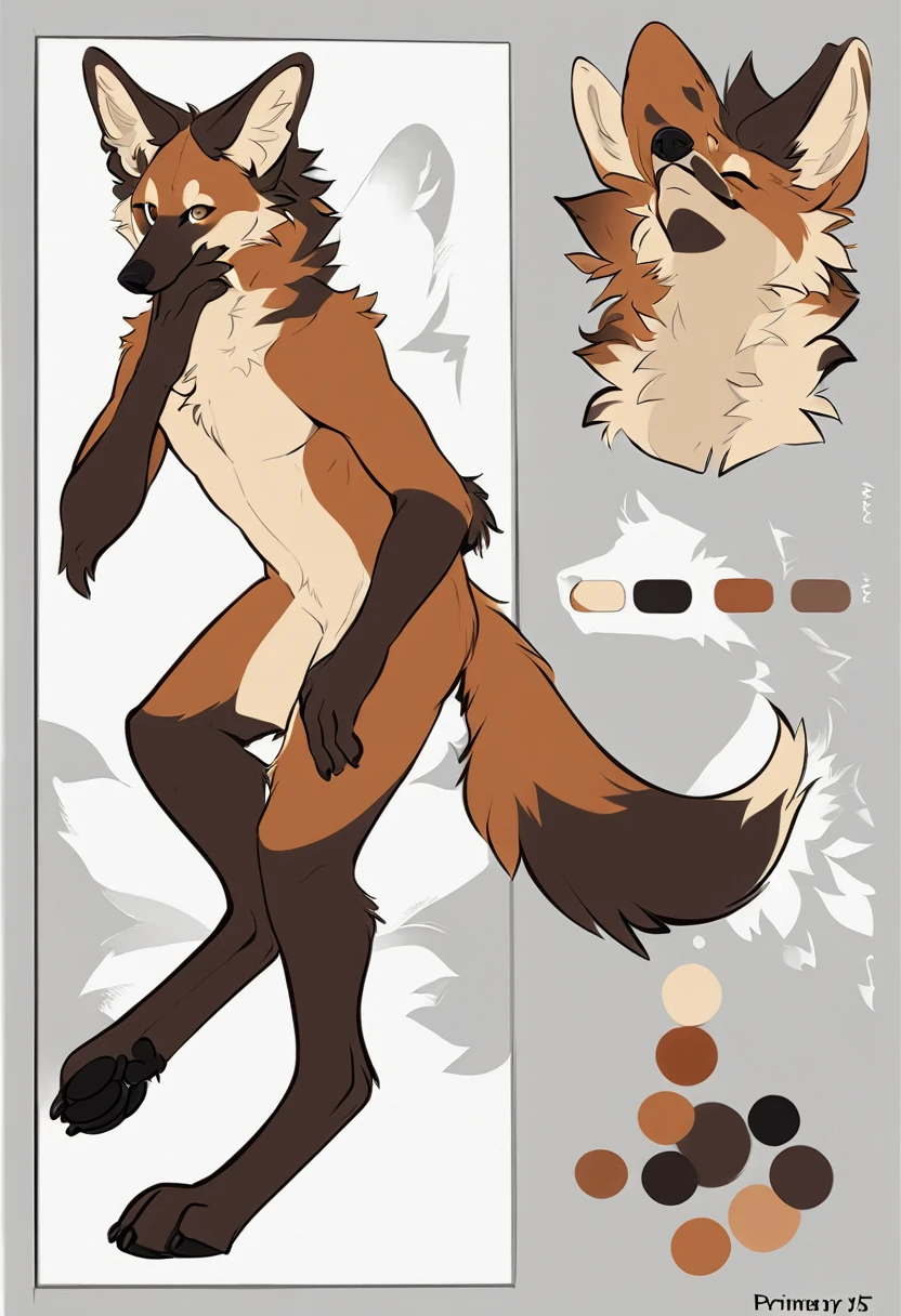 Solo, male, furry art, maned_wolf, fursona, (((brown primary fur))), white secondary, (perky ears), reference sheet, amazing art, masterfully executed, beautiful background, normal body, paws hands.