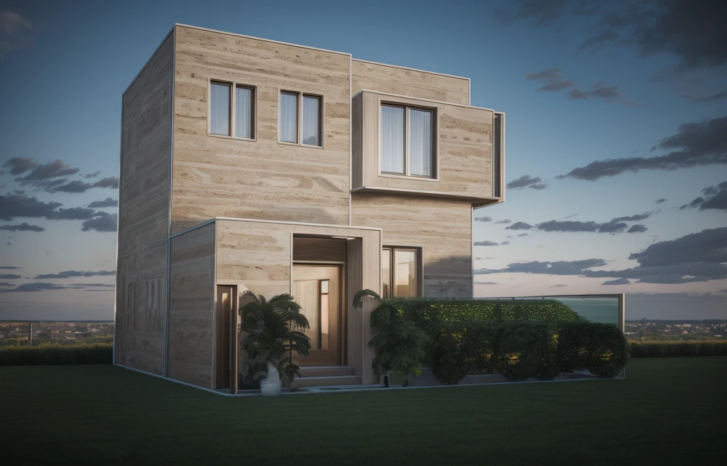 photorealistic, modern house,facade,modern,512k,high detailed, photoreal, award winning, large glass window on the right side, grass, plants, trees, sunny day, render (( travertine stone façade)) two cars in porch, wooden door entrance, steps marble, insanely detailed octane render,
award winning, extremely detailed,