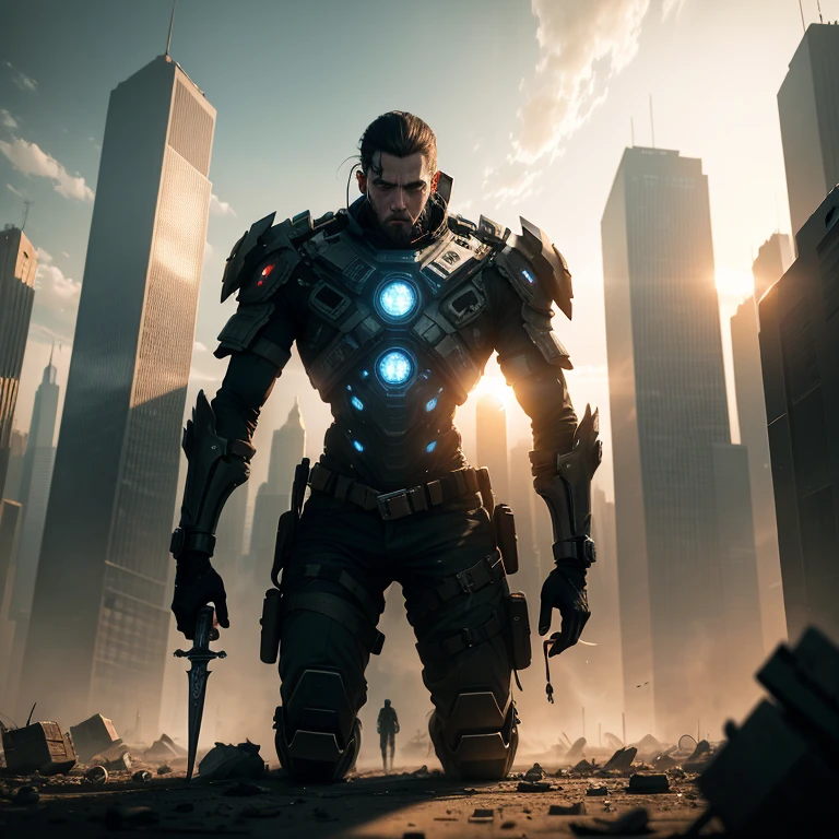 Create a dramatic image of a futuristic city, reminiscent of New York, with tall, ruined skyscrapers. The sun sets in the background, casting a somber light. In the center of the debris, a man wearing a high-tech futuristic exoskeleton kneels on his left knee, appearing exhausted and sorrowful. A sword is planted in the ground before him, with dog tags of fallen soldiers hanging from the hilt. The scene conveys the end of a battle and the loss of his comrades.