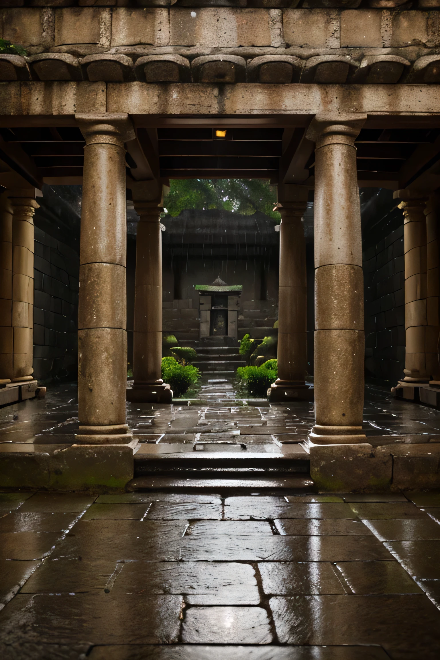 Create a cinematic, 3D image of an old temple courtyard during the rain. Show the traditional stone path and temple entrance with rain falling gently. Capture the reflections of raindrops on the stone surface and the mist surrounding the temple to create a serene and spiritual atmosphere. Add soft light through the mist to enhance the tranquil scene."