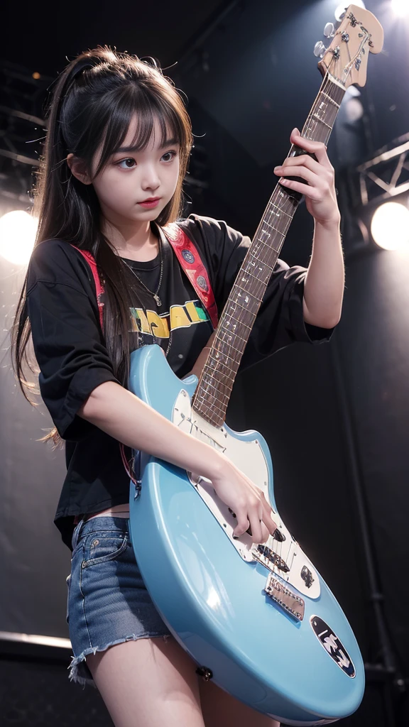((Beautiful girl playing electric guitar on stage at a rock concert:1.3)), (Table Top), (Highest quality, 8K, masterpiece:1.2, RAW Photos), (Realistic:1.2), Japanese, (Innocent face, beautiful girl:1.2, Baby Face:1#39;s face), (Stand with your feet apart:1.2, White panties shot:1.4), (Cute tank top and black mini skirt), Silky beautiful hair, Short pigtails, ((Detailed eyes and face:1.2, Professional photography techniques, Stage lighting)),