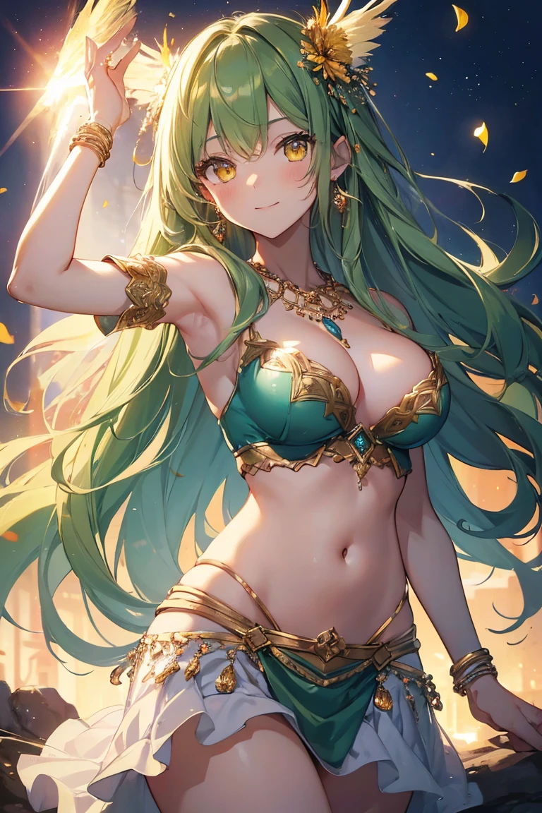 ((high quality, masterpiece, very high res, 4K quality, finely detailed skin, finely detailed eyes)),
digital painting illustration,
1 girl, solo, (cute and beautiful girl), , large breast, (long green hair), bird feather hair ornament, (cute and beautiful yellow eyes), smile, (belly dancer), earrings, necklace,
Petals dancing in the wind at night,
(glow with nice detail), light particles, (lens flare), film reflections