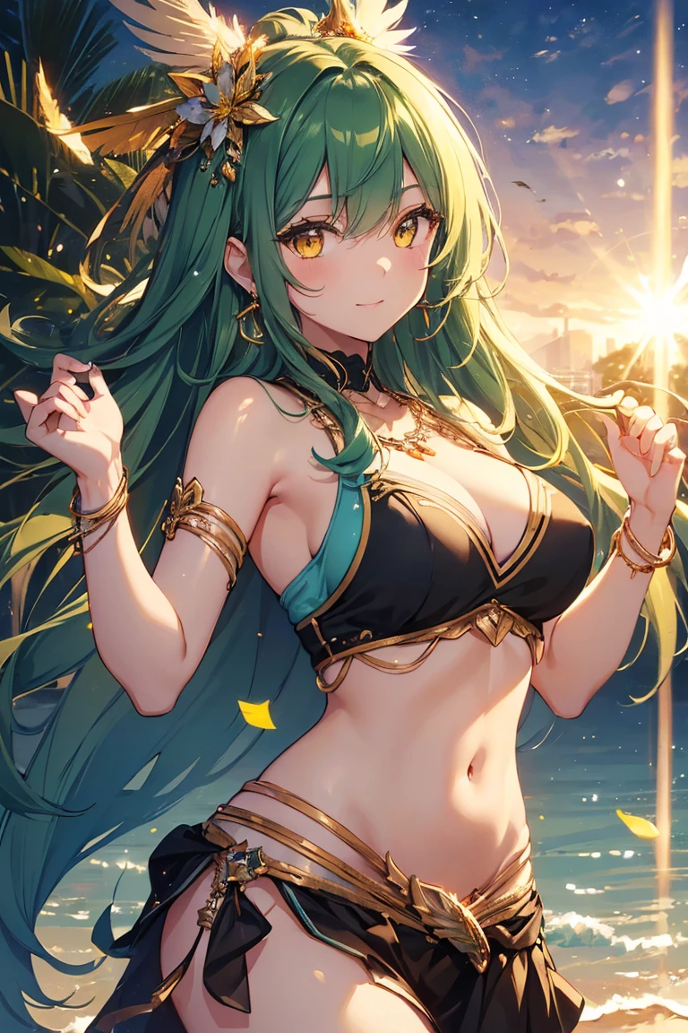 ((high quality, masterpiece, very high res, 4K quality, finely detailed skin, finely detailed eyes)),
digital painting illustration,
1 girl, solo, (cute and beautiful girl), , large breast, (long green hair), bird feather hair ornament, (cute and beautiful yellow eyes), smile, (belly dancer), earrings, necklace,
Petals dancing in the wind at night,
(glow with nice detail), light particles, (lens flare), film reflections