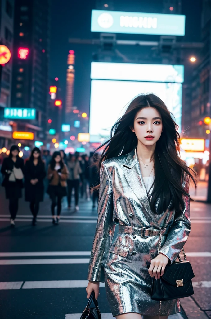 A beautiful city girl with detailed makeup, stylish clothes, and high fashion sense, long straight hair, carrying a chic handbag, and wearing trendy sunglasses, walking confidently on the busy streets of Seoul [urban, modern, vibrant]. Her flawless porcelain skin glows in the sunlight, highlighting her impeccable complexion. The vivid colors of the cityscape create a lively backdrop, with bustling markets, neon lights, and skyscrapers [dynamic, energetic]. The girl is surrounded by a group of fashionable girls, all with unique styles, each reflecting their individuality [stylish, diverse]. The overall scene exudes a sense of glamour and sophistication.

The artwork is rendered using a mixture of digital painting and photography techniques [mixed-media, contemporary]. It showcases a high level of detail, with intricate patterns on the girl's outfit, highlighting her fashion-forward style. The lighting is carefully crafted to create a soft yet dramatic effect, enhancing the overall mood of the image [soft lighting, dramatic ambiance]. The color palette consists of vibrant and saturated tones, giving the artwork a bold and captivating look [vibrant colors]. The composition of the artwork is carefully balanced, drawing the viewer's attention to the stylish girl at the center while capturing the energy of the surrounding city [balanced composition].

(best quality, 4k, high-res), ultra-detailed, realistic artwork, with sharp focus and vivid colors, perfectly encapsulating the essence of urban fashion [masterpiece:1.2, ultra-detailed, realistic:1.37]. The image quality is top-notch, showcasing every intricate detail of the girl's makeup, her stylish ensemble, and the vibrant cityscape. The overall feel of the artwork is sophisticated and visually stunning.
