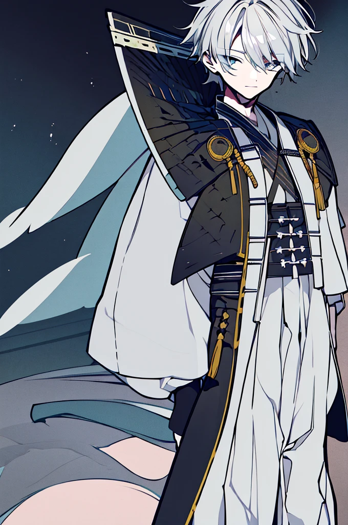 ((Pixiv)),(masterpiece_portrait),(Wuxia),(10s-anime-aesthetic),(Akira Kitamura),1boys,White_skin,sharp_face,medium_hair,white_hair,curly_hair,hair_over_one_eye,light_green_eyes,samurai,Japan,smiling_face,Closed_mouthhalf-closed_eyes,reaching_out,Black kimono,Gray tasuki,White bell-bottoms,Space Gray shoulder_cape,rice_hat,standing,cowboy shot,male_focus,ligne_claire