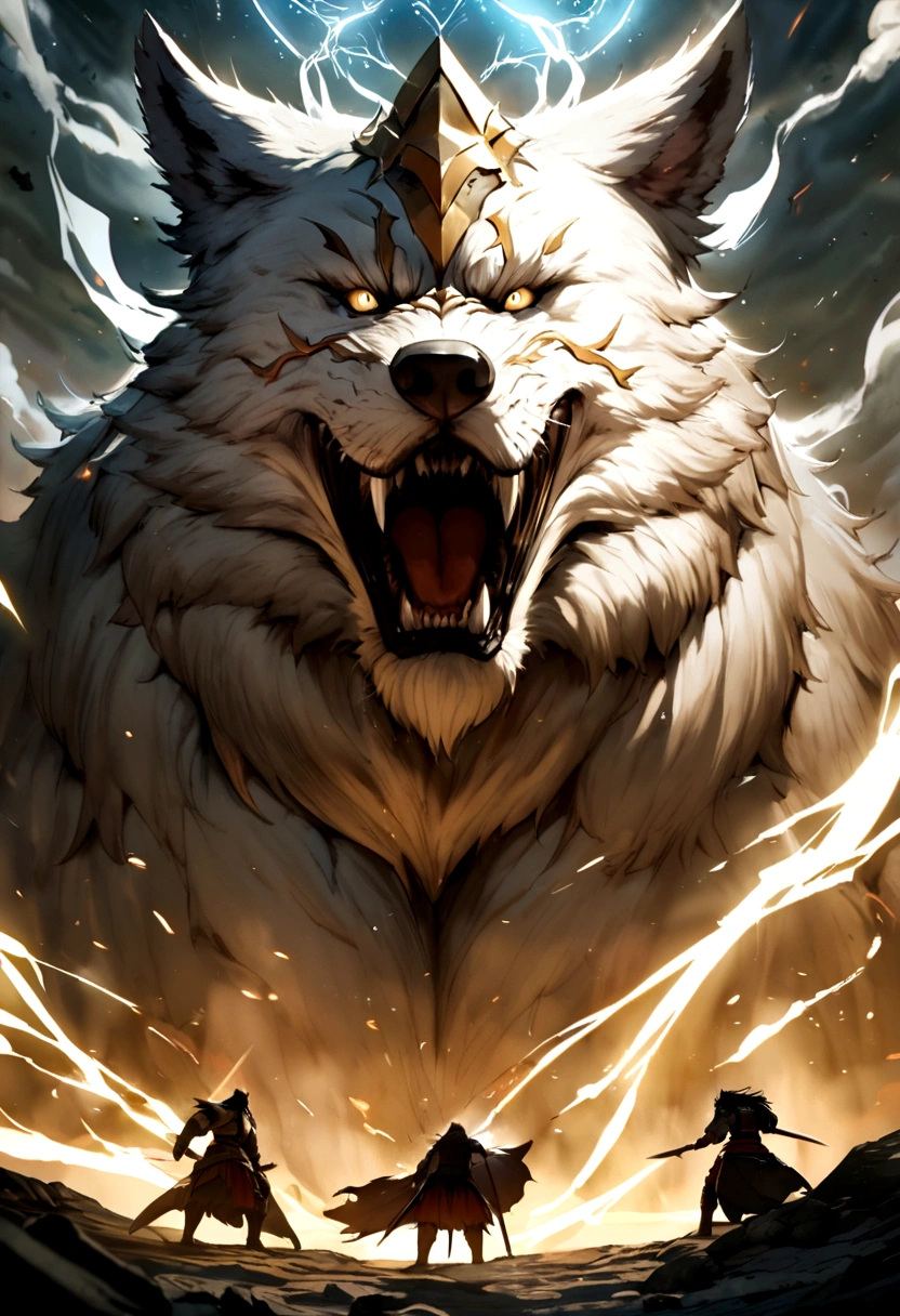 Fierce warriors battle a gigantic wolf-like creature