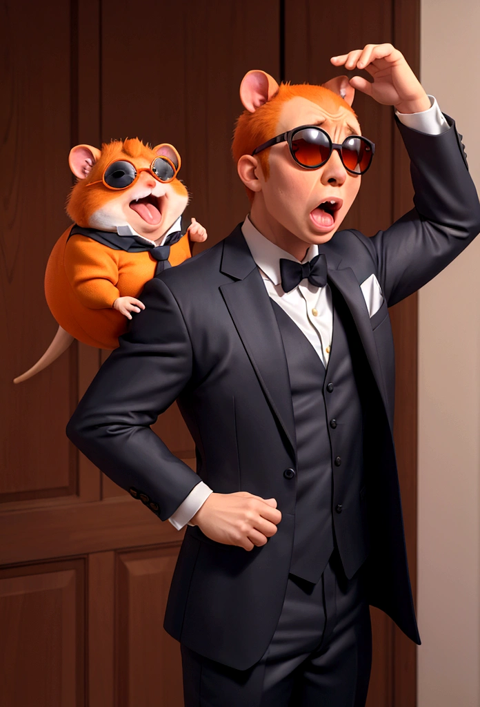 (masterpiece), (bestquality), (ultra detailed) terrified surprised orange hamster, dressed in a suit and sunglasses, afraid , muscle body , looking surprised ,