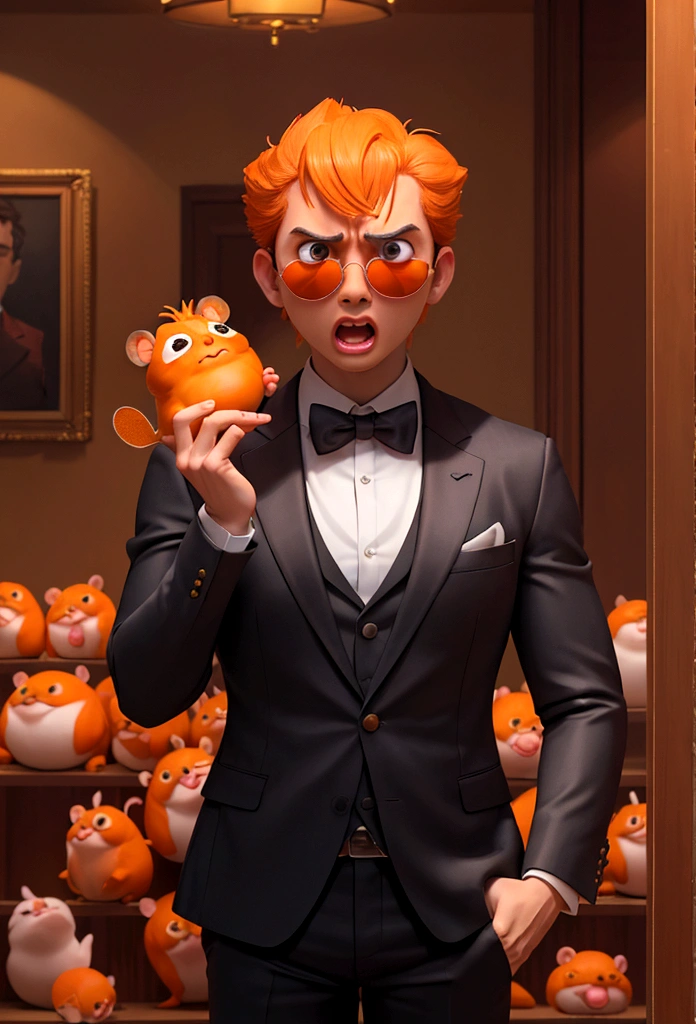 (masterpiece), (bestquality), (ultra detailed) terrified surprised orange hamster, dressed in a suit and sunglasses, afraid , muscle body , looking surprised ,