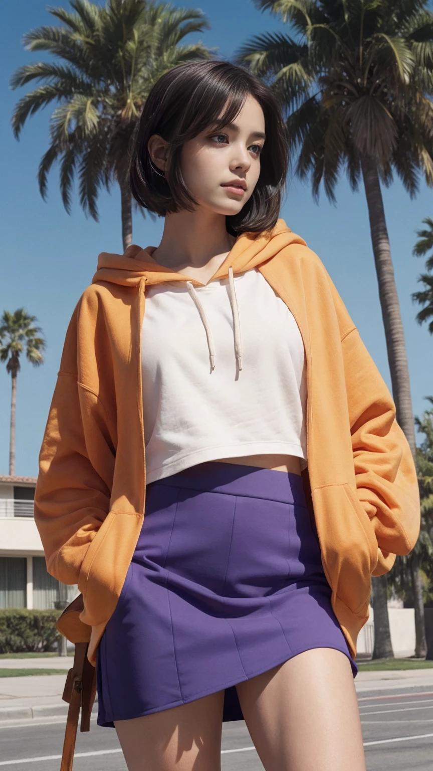 long shot portrait of cute 23 yo girl, (perfect natural breast) ,wearing ((orange color oversized hoodie)), wear ((purple tennis skirt)),looking front,Best Quality,Masterpiece,Ultra High Resolution,(Realisticity:1.4),Original Photo, 1Girl, light leak,ultra high resolution,UHD,beautiful, (black bob hair), almond eye, no makeup, in front of (80's mondrian architecture motel), (realistic:1.2), (surreal:1.3), (very detailed:1.1), ((masterpiece)),summer, blue sky, palm trees,sunny, los angles vibes,film camera, 800mm lens,style of Philip Lorca diCorcia