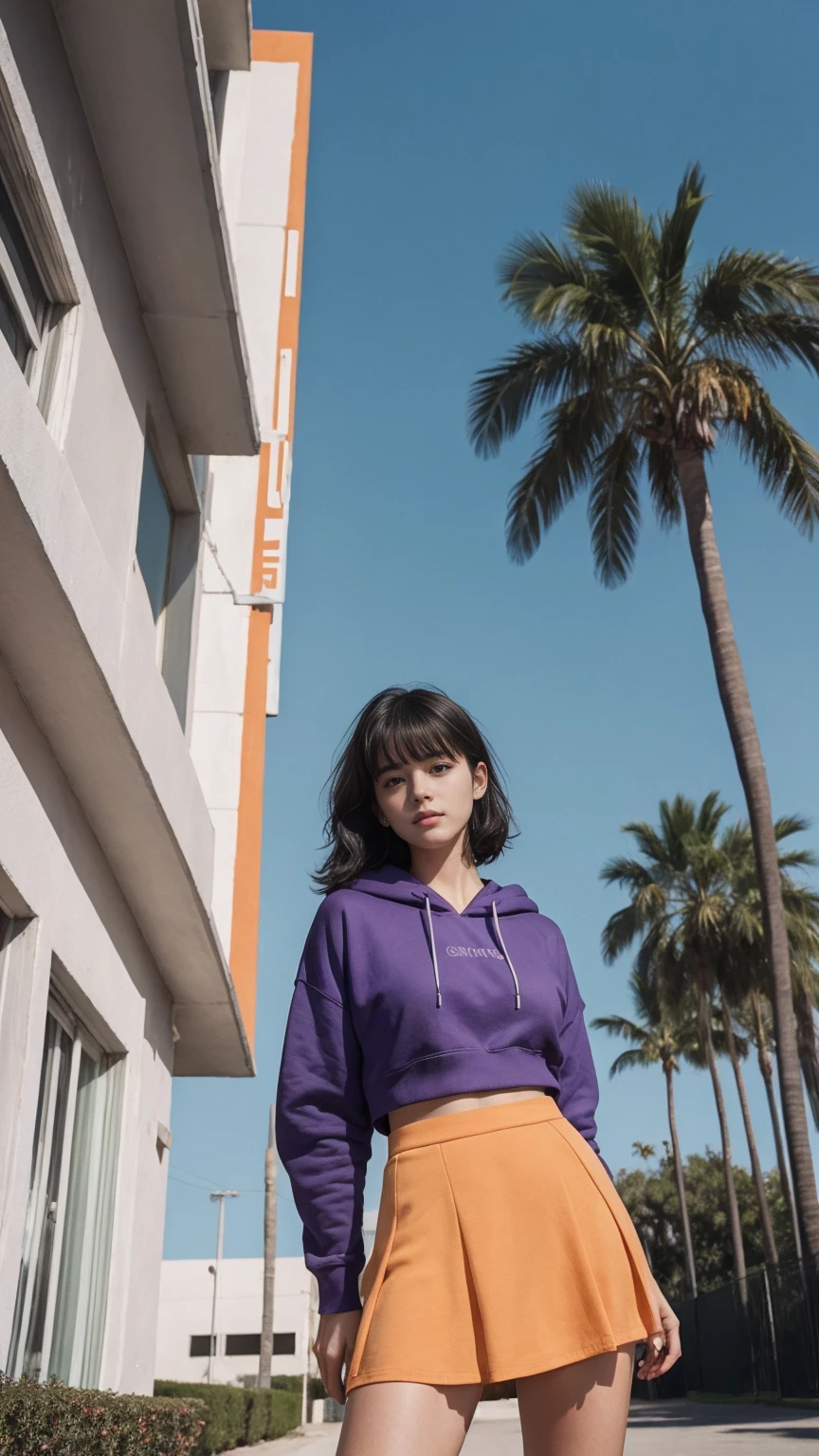 long shot portrait of cute 23 yo girl, (perfect natural breast) ,wearing ((orange color oversized hoodie)), wear ((purple tennis skirt)),looking front,Best Quality,Masterpiece,Ultra High Resolution,(Realisticity:1.4),Original Photo, 1Girl, light leak,ultra high resolution,UHD,beautiful, (black bob hair), almond eye, no makeup, in front of (80's mondrian architecture motel), (realistic:1.2), (surreal:1.3), (very detailed:1.1), ((masterpiece)),summer, blue sky, palm trees,sunny, los angles vibes,film camera, 800mm lens,style of Philip Lorca diCorcia