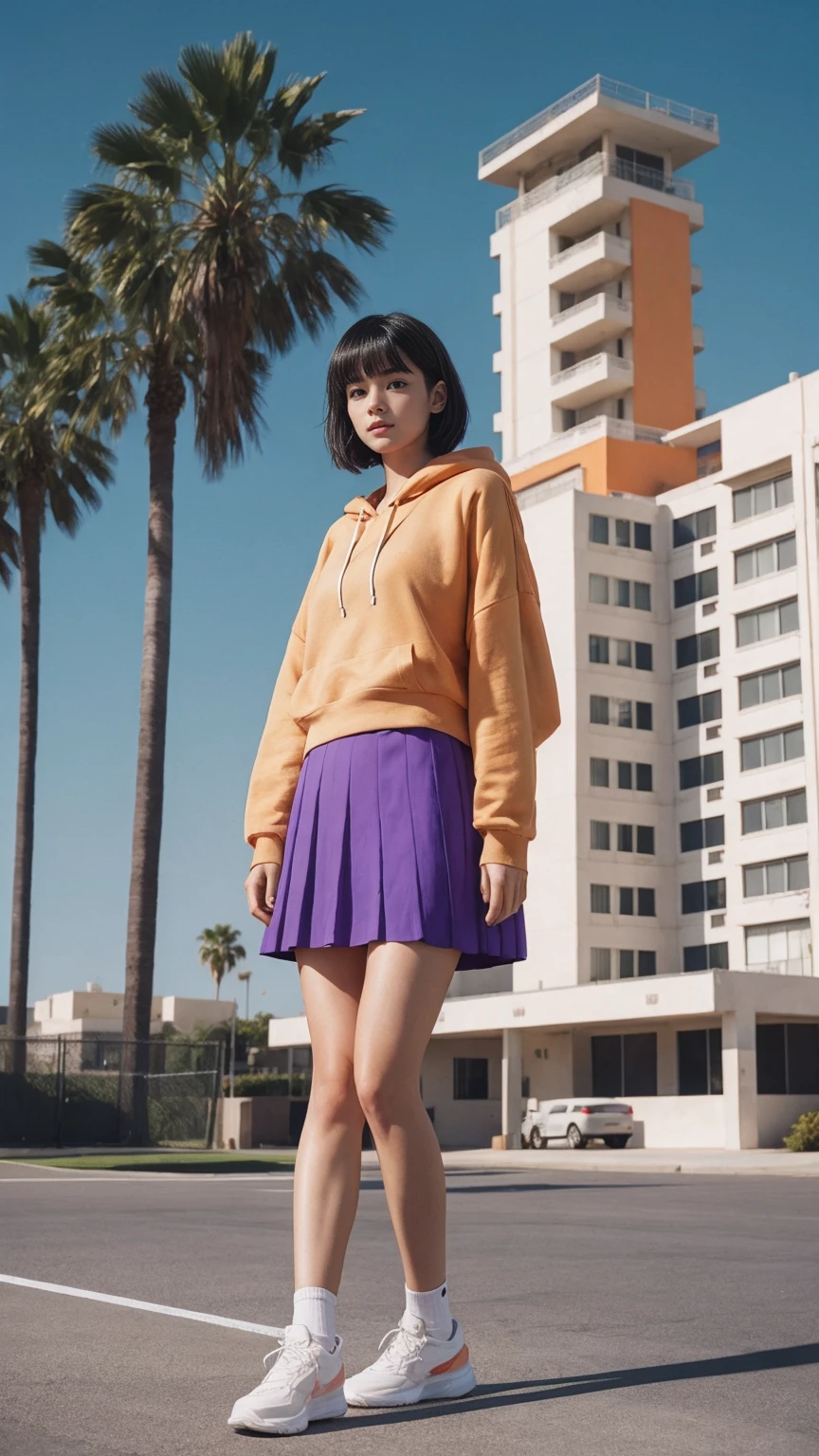 long shot portrait of cute 23 yo girl, (perfect natural breast) ,wearing ((orange color oversized hoodie)), wear ((purple tennis skirt)),looking front,Best Quality,Masterpiece,Ultra High Resolution,(Realisticity:1.4),Original Photo, 1Girl, light leak,ultra high resolution,UHD,beautiful, (black bob hair), almond eye, no makeup, in front of (80's mondrian architecture motel), (realistic:1.2), (surreal:1.3), (very detailed:1.1), ((masterpiece)),summer, blue sky, palm trees,sunny, los angles vibes,film camera, 800mm lens,style of Philip Lorca diCorcia