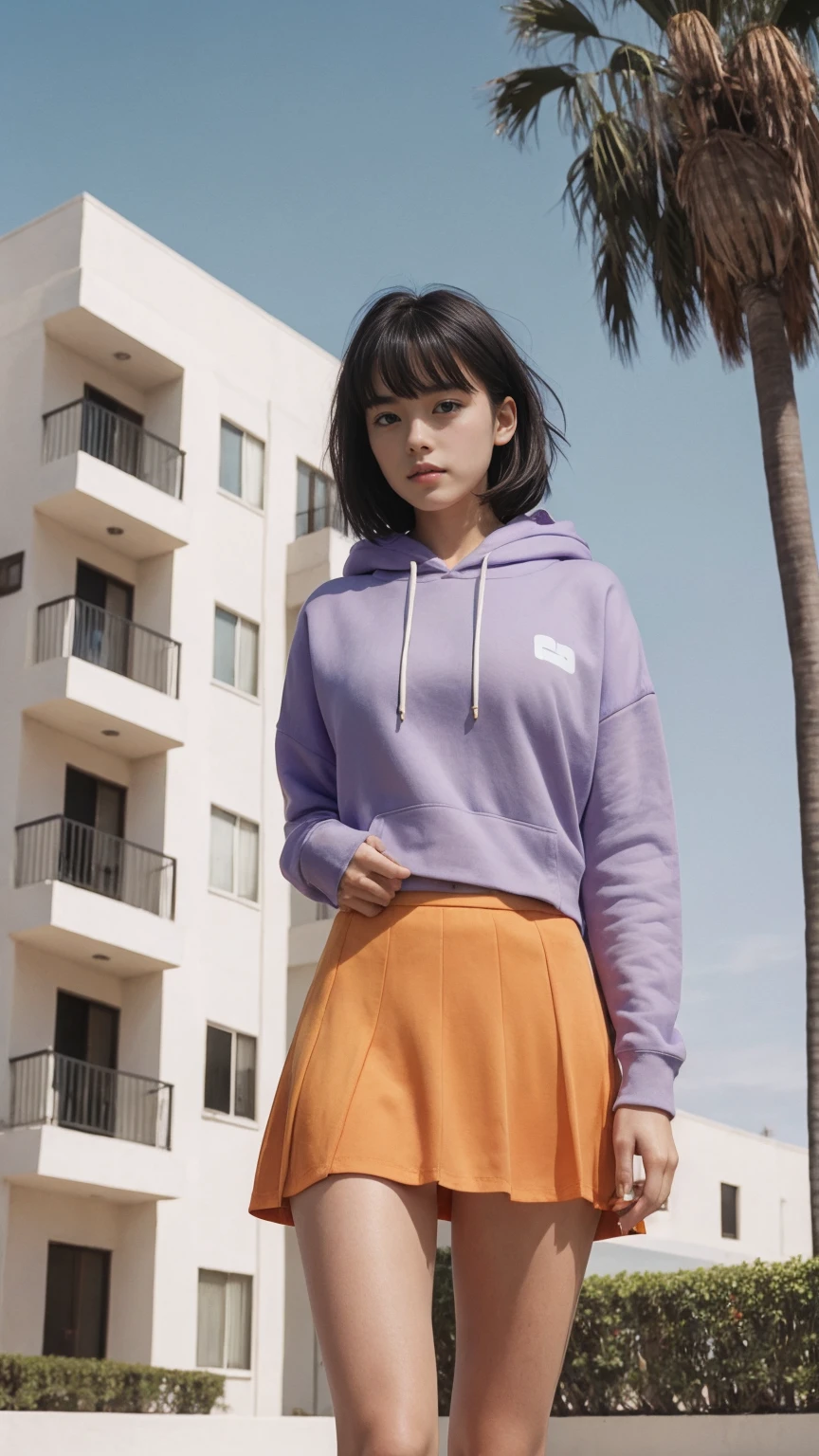long shot portrait of cute 23 yo girl, (perfect natural breast) ,wearing ((orange color oversized hoodie)), wear ((purple tennis skirt)),looking front,Best Quality,Masterpiece,Ultra High Resolution,(Realisticity:1.4),Original Photo, 1Girl, light leak,ultra high resolution,UHD,beautiful, (black bob hair), almond eye, no makeup, in front of (80's mondrian architecture motel), (realistic:1.2), (surreal:1.3), (very detailed:1.1), ((masterpiece)),summer, blue sky, palm trees,sunny, los angles vibes,film camera, 800mm lens,style of Philip Lorca diCorcia