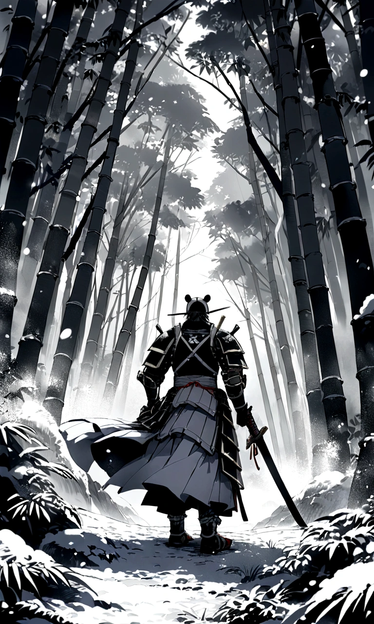 A brave and noble panda male samurai, Wear highly detailed black and white samurai armor, Armed with a sword, Sengoku period, highly detailed back ground, Flying snow flutters in the wind, Perfect masterpiece, High quality, Highest high resolution,In the bamboo forest,in a panoramic view,wide angles