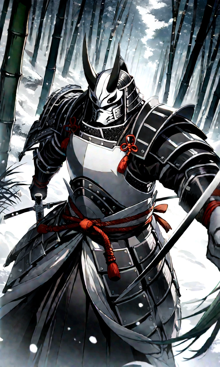 A brave and noble panda male samurai, Wear highly detailed black and white samurai armor, Armed with a sword, Sengoku period, highly detailed back ground, Flying snow flutters in the wind, Perfect masterpiece, High quality, Highest high resolution,In the bamboo forest,in a panoramic view,wide angles