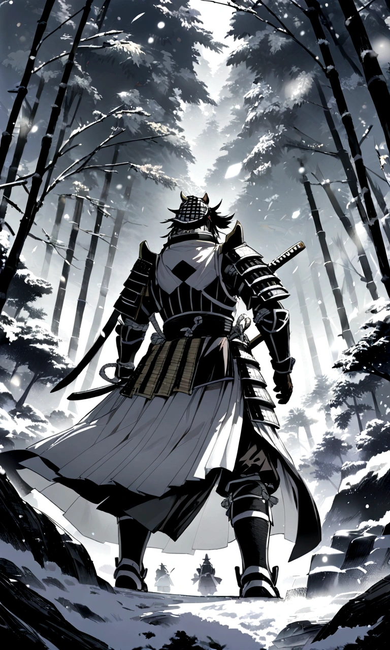 A brave and noble panda male samurai, Wear highly detailed black and white samurai armor, Armed with a sword, Sengoku period, highly detailed back ground, Flying snow flutters in the wind, Perfect masterpiece, High quality, Highest high resolution，In the bamboo forest，in a panoramic view，wide angles