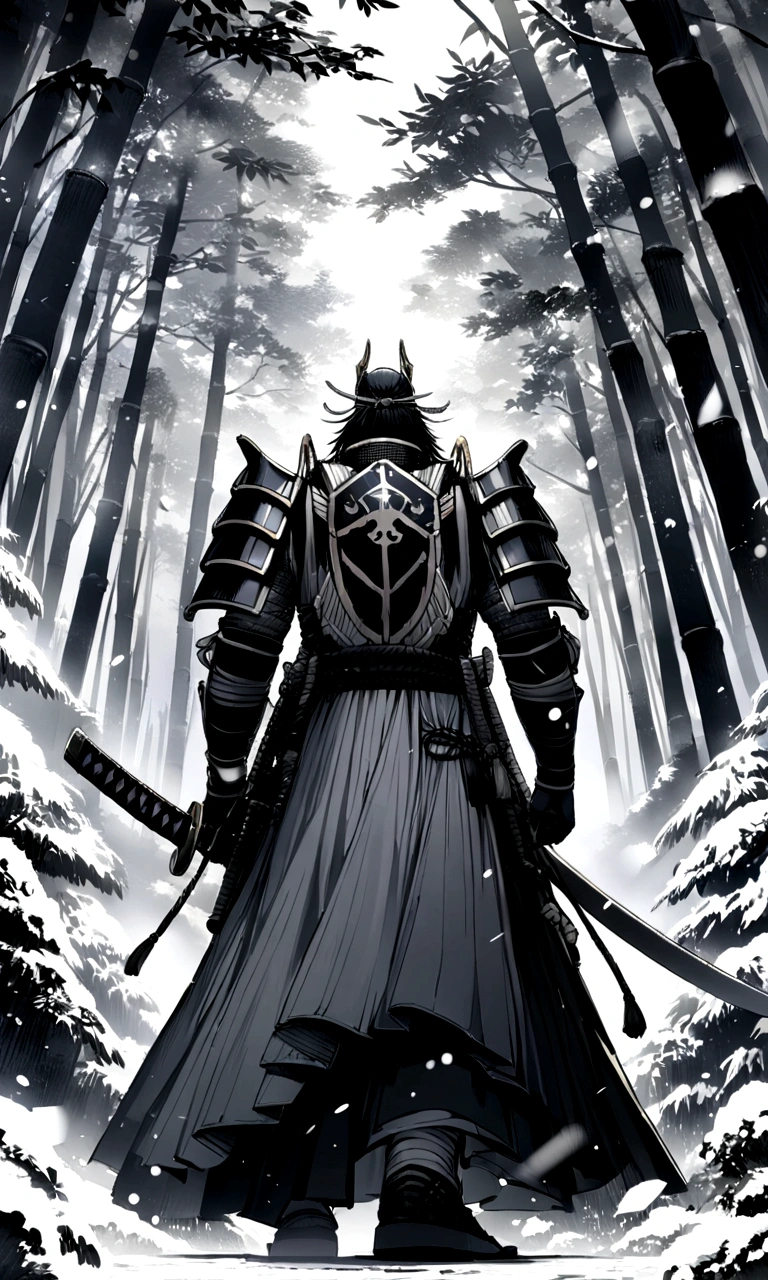 A brave and noble panda male samurai, Wear highly detailed black and white samurai armor, Armed with a sword, Sengoku period, highly detailed back ground, Flying snow flutters in the wind, Perfect masterpiece, High quality, Highest high resolution，In the bamboo forest，in a panoramic view，wide angles