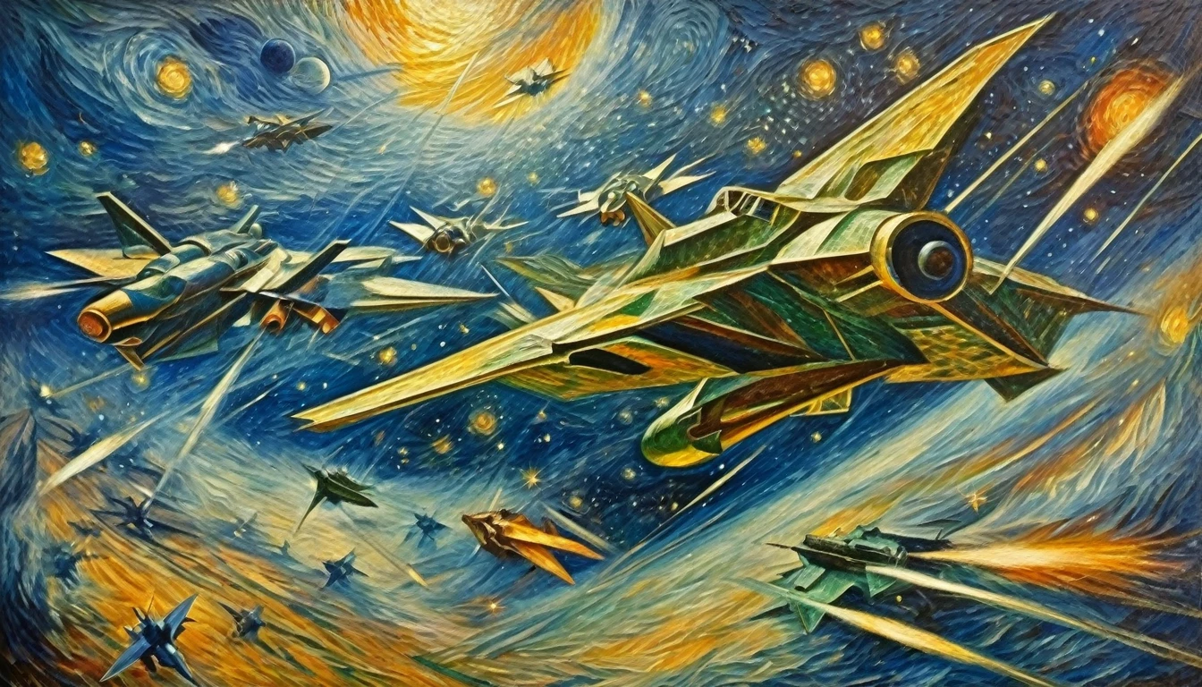 [panorama]:(best quality, Masterpiece:1,6)Space War((style by Umberto-Boccioni)), (oil painting), Detailed illustration, grotesque, Intricate details, tempering, (aesthetics), excitement, hyper-realistic, insanely detailed, 8k