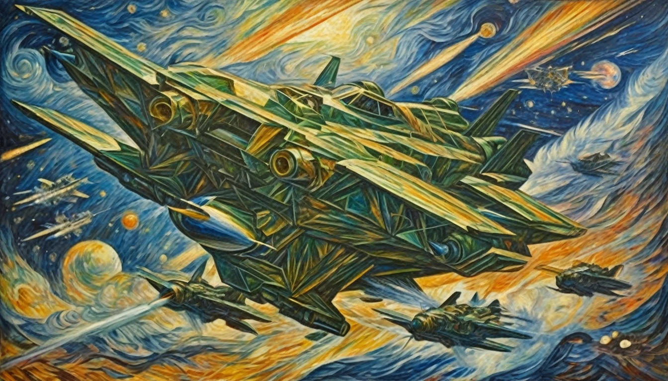 [panorama]:(best quality, Masterpiece:1,6)Space War((style by Umberto-Boccioni)), (oil painting), Detailed illustration, grotesque, Intricate details, tempering, (aesthetics), excitement, hyper-realistic, insanely detailed, 8k