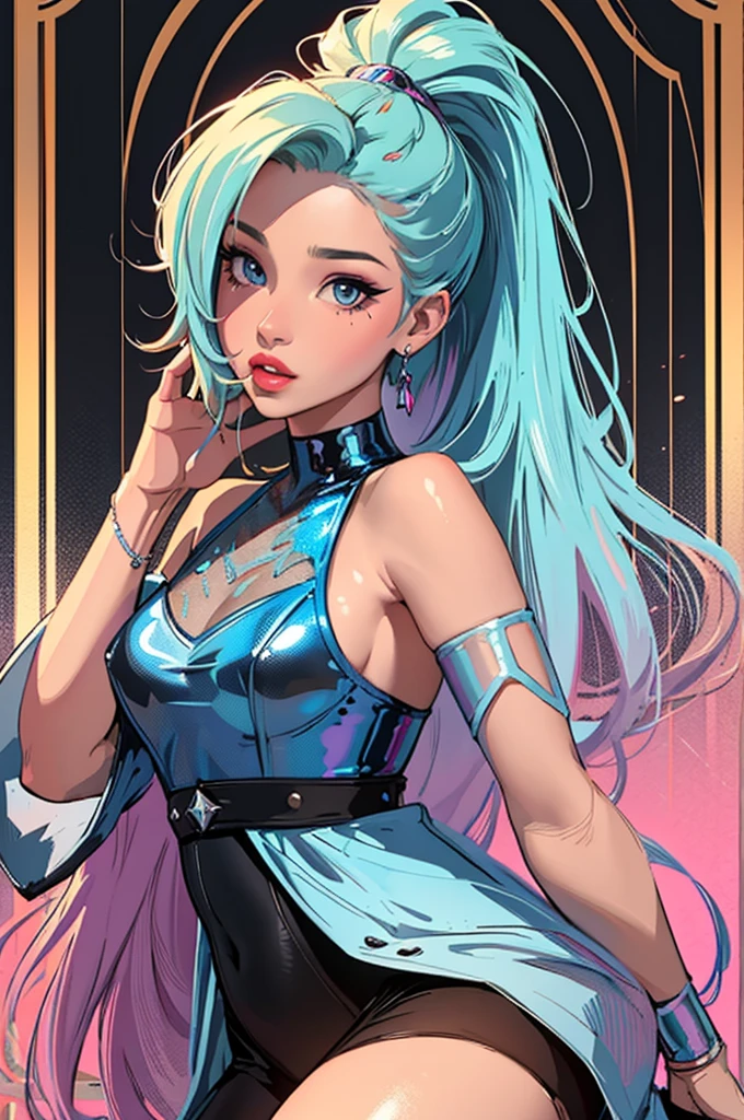 (masterpiece, top quality, best quality, official art, beautiful and aesthetic:1.2), young (1girl:1.3),  hair, long hair, (colorful eyes:1.3), extremely detailed, colorful, (highly detailed CG illustration), (looking at viewer), cinematic light, solo, half body, (character focus), ),, extravagant makeup, full lips, sexy pose, clothes ASIDE , used condoms, partially naked, shiny skin, seraphine1, blue ponytail