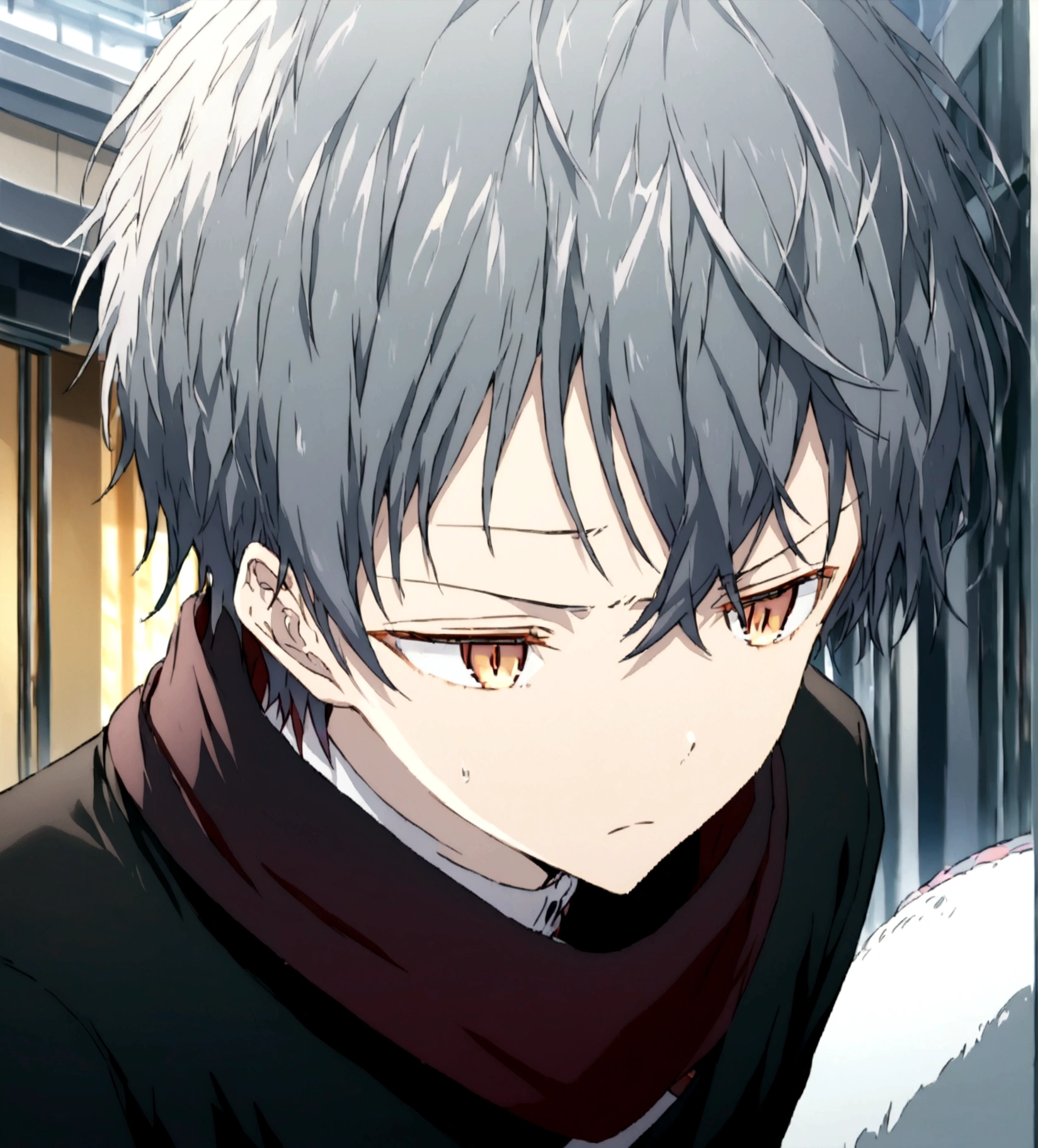 Black messy hair, orange glowing eyes, bored and cold-hearted face expression, black jacket with fluffy collar, white turtle neck shirt, black pants, black long cool scarf, cool