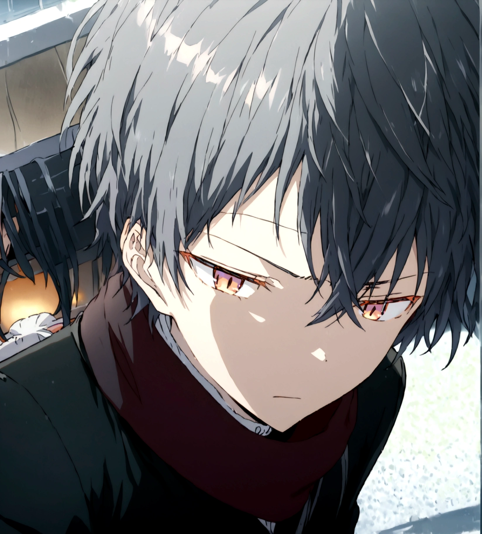 Black messy hair, orange glowing eyes, bored and cold-hearted face expression, black jacket with fluffy collar, white turtle neck shirt, black pants, black long cool scarf, cool