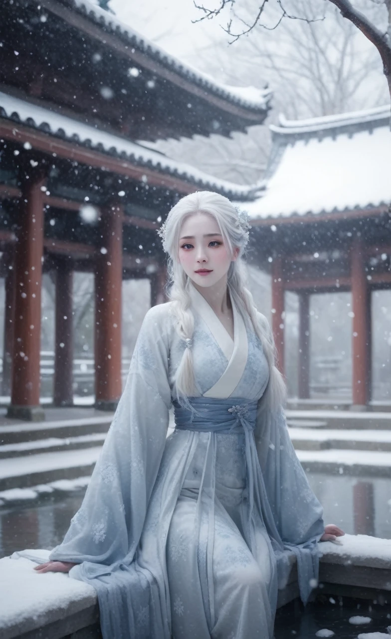 yuki-onna, snow woman with pale skin and icy breath, floating in a snow-covered temple courtyard, chilling and beautiful, high resolution, falling snowflakes, frozen pond, bare trees, serene yet eerie