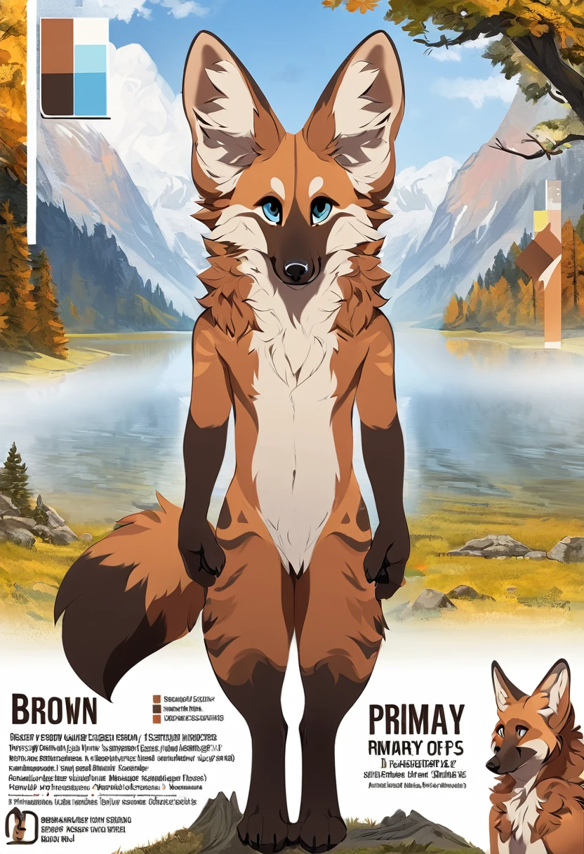 Solo, male, furry art, maned_wolf, fursona, (((brown primary fur))), white secondary, (perky ears), reference sheet, amazing art, masterfully executed, beautiful background, normal body, paws hands.