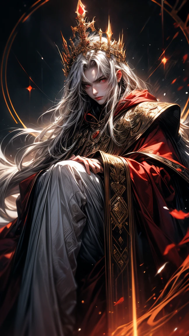 Masterpiece, best quality, high resolution, highly detailed, 1 man ( early twenties ), Good looking face, white mixed with red long flowing hair ( light in the hair), red eyes ( glowing eyes ), serious expression ( cold look ), pale white skin, wearing a grey hoodie, and red pants, black watch, surrounded by the splendors of the earth, wearing a crown made of blood and sitting on a red throne, pay attention to stunning details, and achieve a resolution of 128k, floating in a dynamic pose, high quality, with a majestic aura of authority.