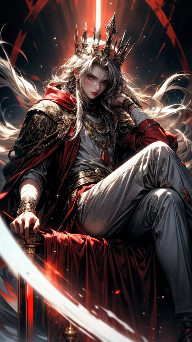 Masterpiece, best quality, high resolution, highly detailed, 1 man ( early twenties ), Good looking face,  white mixed with red long flowing hair ( light in the hair), red eyes ( glowing eyes ), serious expression ( cold look ), pale white skin, wearing a grey hoodie, and red pants, black watch, surrounded by the splendors of the earth, wearing a crown made of blood and sitting on a red throne, pay attention to stunning details, and achieve a resolution of 128k, floating in a dynamic pose, high quality, with a majestic aura of authority.