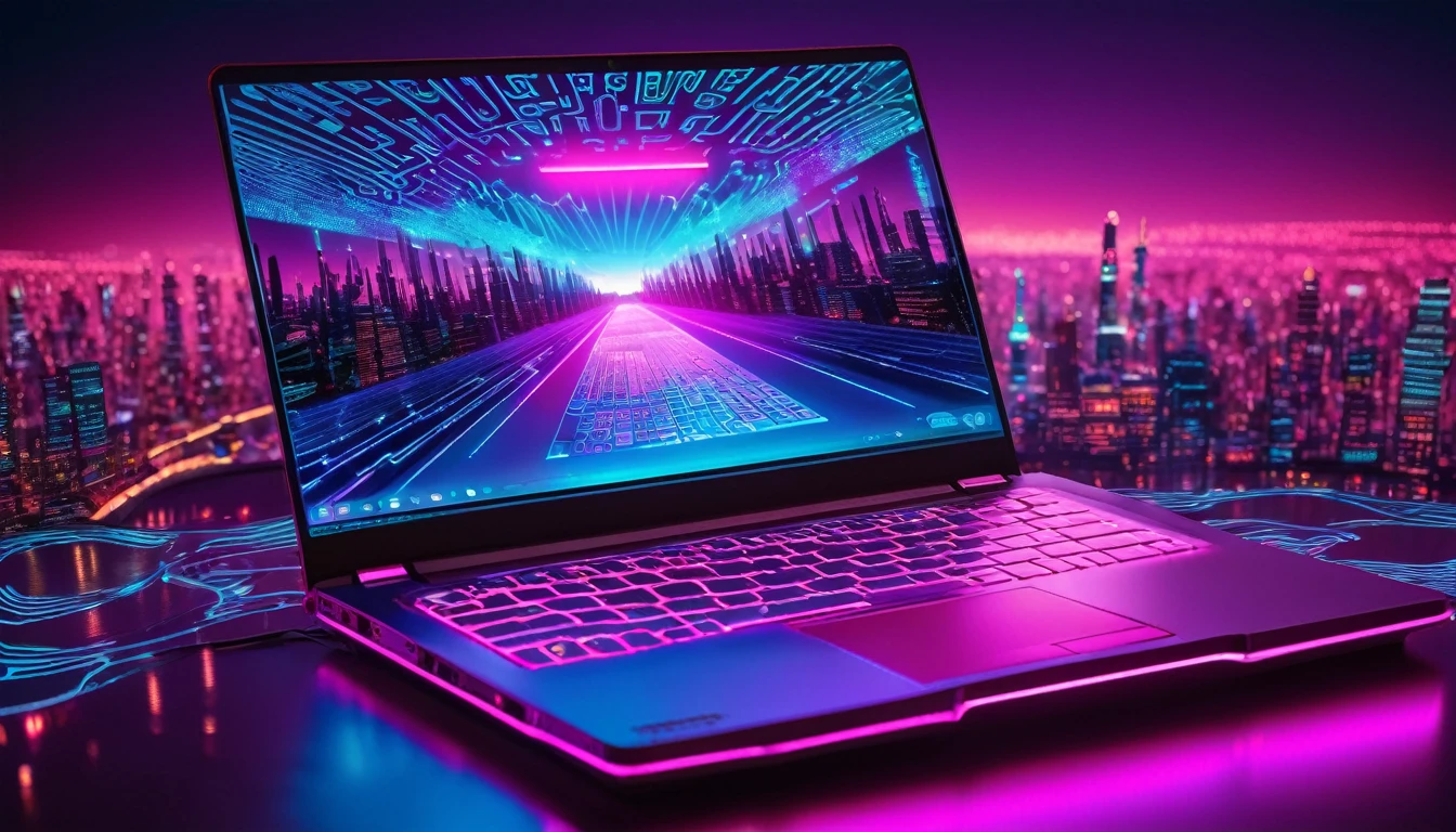 view of an open laptop with a vibrant, illuminated keyboard. The keys glow in a magenta hue, and the screen displays a digital pattern resembling circuitry or a cityscape, also lit up in the same magenta color. The background has out-of-focus red and blue lights, creating a bokeh effect.

For image generation prompts, consider the following:

Futuristic Laptop: Create an image of an open laptop with a glowing keyboard and screen displaying a futuristic digital pattern. The setting should have a bokeh effect background with red and blue lights to give the impression of advanced technology in use at night.
Cybernetic Connection: Illustrate a connection between the laptop’s keyboard and the digital world. Show data streams flowing from the keys into a virtual landscape.
Neon Circuitry: Design a laptop where the keys are neon-lit circuit paths, weaving across the keyboard. The screen could display binary code or abstract digital art.