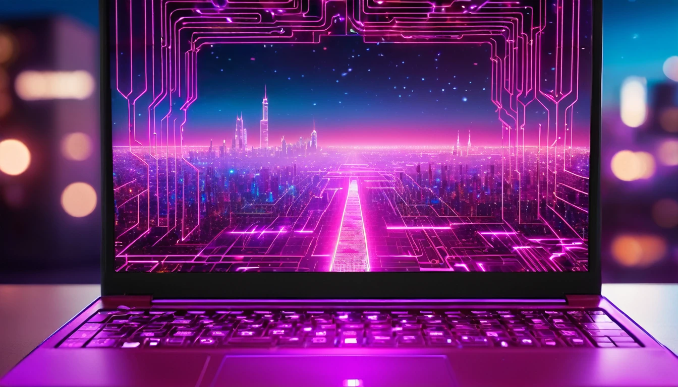 view of an open laptop with a vibrant, illuminated keyboard. The keys glow in a magenta hue, and the screen displays a digital pattern resembling circuitry or a cityscape, also lit up in the same magenta color. The background has out-of-focus red and blue lights, creating a bokeh effect.
For image generation prompts, consider the following:
Futuristic Laptop: Create an image of an open laptop with a glowing keyboard and screen displaying a futuristic digital pattern. The setting should have a bokeh effect background with red and blue lights to give the impression of advanced technology in use at night.
Cybernetic Connection: Illustrate a connection between the laptop’s keyboard and the digital world. Show data streams flowing from the keys into a virtual landscape.
Neon Circuitry: Design a laptop where the keys are neon-lit circuit paths, weaving across the keyboard. The screen could display binary code or abstract digital art.