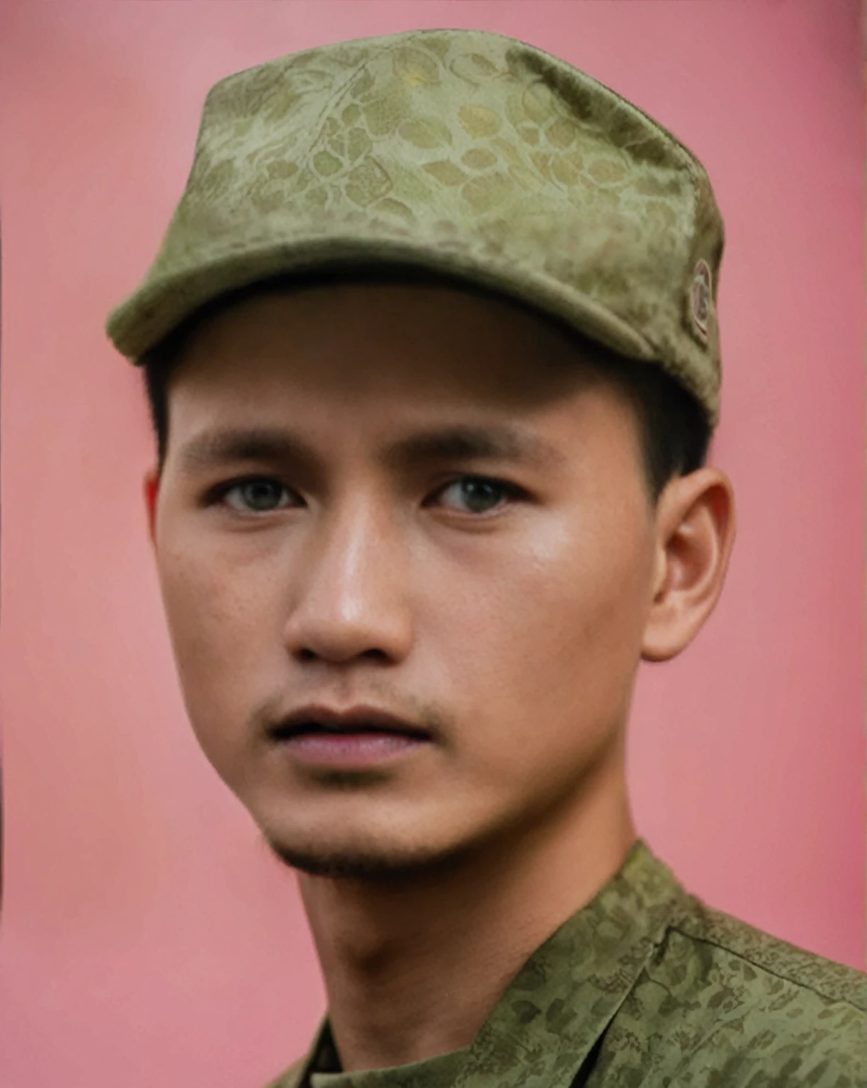 Highly realistic photo, Portrait of a 25 year old Vietnamese young boy, green shirt, Forest