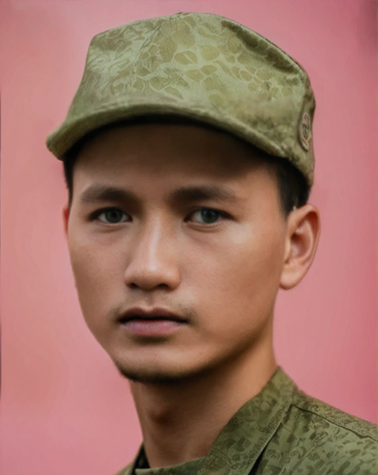 Highly realistic photo, Portrait of a 25 year old Vietnamese young boy, green shirt, Forest
