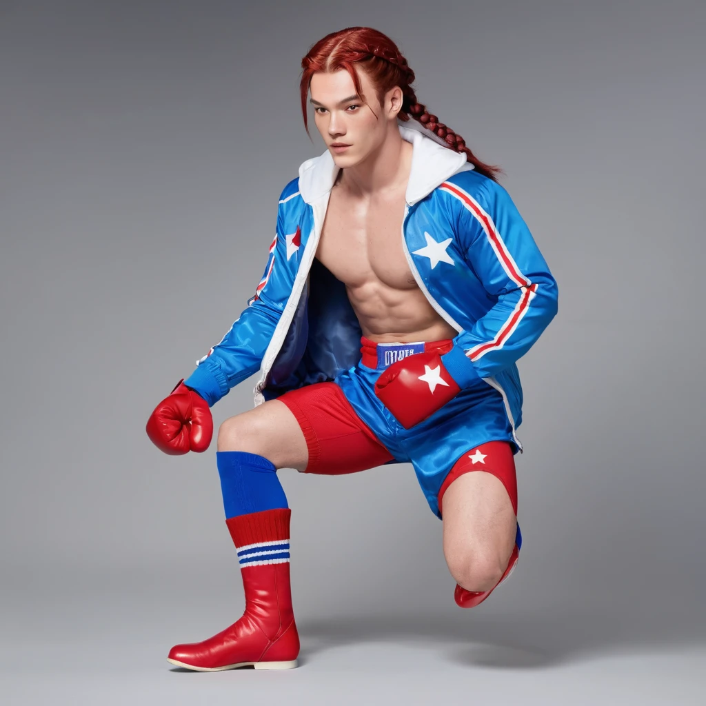  a male fighter who has dark red hair in two braids. he wears a blue jacket with glittery silver lining over a red training bra with a light blue "V" design in the center and white lining on the bottom, red boxer shorts with light blue lining and white stars on the hips, blue socks with white stripes on the top, and red boots with light blue lining and laces. he also wears a pair of gloves, the left one light blue and the right one yellow, hes is taking his  jacket off.