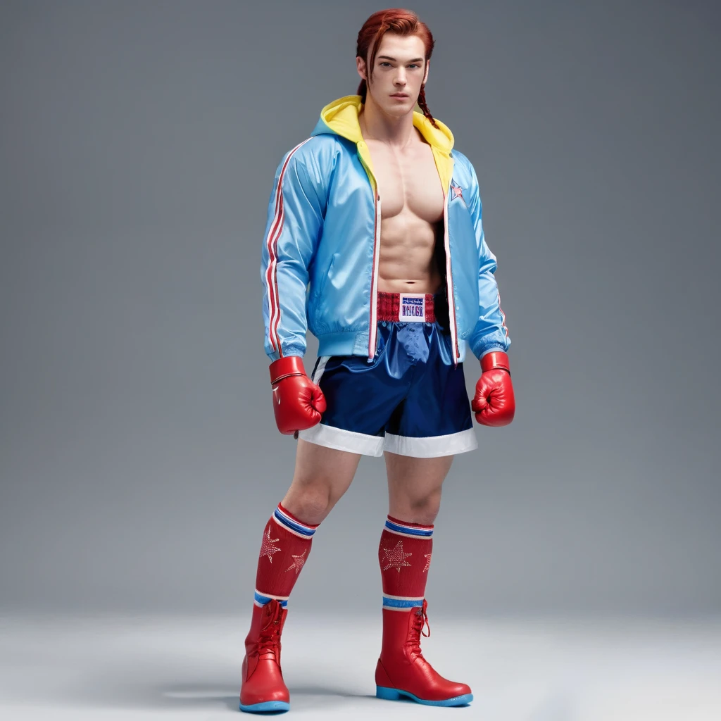 a male fighter who has dark red hair in two braids. he wears a blue jacket with glittery silver lining over a red training bra with a light blue "V" design in the center and white lining on the bottom, red boxer shorts with light blue lining and white stars on the hips, blue socks with white stripes on the top, and red boots with light blue lining and laces. he also wears a pair of gloves, the left one light blue and the right one yellow, hes is taking his jacket off.