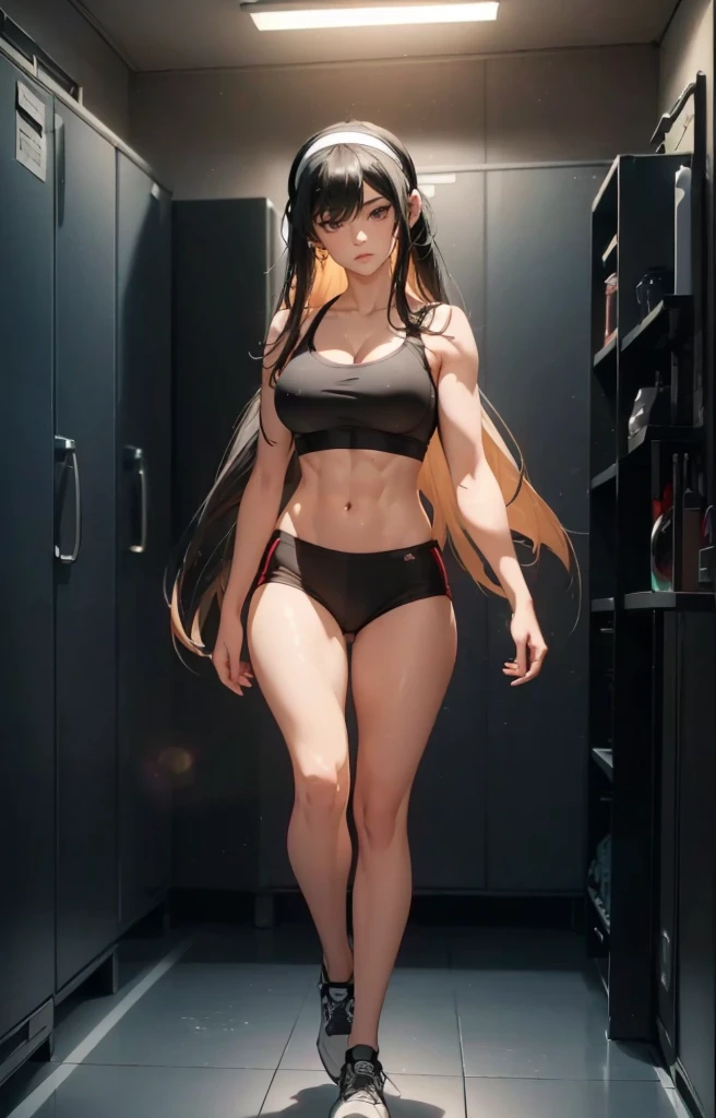 ((1girl, solo)), beautiful body, (perfect anatomy, perfect body, perfect hands, perfect legs), natural proportions, sexy body, large breasts, ((abs)), ((muscular female)), ((full body, full body front)) BREAK

((extremely detailed face)), (beautiful detailed eyes:1.6), (realistic pupils, realistic iris:1), expressive eyes, looking at viewer, (clear eyes:1.3), (hyperrealistic:1.2), (detailed skin texture:1.2), smooth skin, yor briar, ((black hair:1.5), (red eyes:1.3), long hair, hairband, (white hairband:1.3), sidelocks, bangs, ((mature female)), ((little smile)), (detailed lips:1.2), (attractive lips:1.1), (glossy lips:1.1), (parted lips), perfect face, perfect eyes BREAK

((sports bra)), buruma, ass visible through thighs, shoes, (black sportswear), black shorts, midriff BREAK

(masterpiece:1.5), anime-style, top quality, best quality, (beautiful and aesthetic:1.2), (ultra detail:1.5), Ultra-detailed depiction, Ultra-precise depiction, extremely detailed 8k illustration, high resolution, (highly detailed shading:1.2), (realistic lighting:1.4), perfect lighting, vibrant colors, dynamic tones, striking hues, 8k, absurd resolution, perfect shadows, hdr, UHD, ambient lighting, realistic, ultra-realistic, photo realistic, highly detailed, rich detail, luminous colors, fine texture, intricate design, professional illustration, (soft light:1.2), (illustration:0.7)