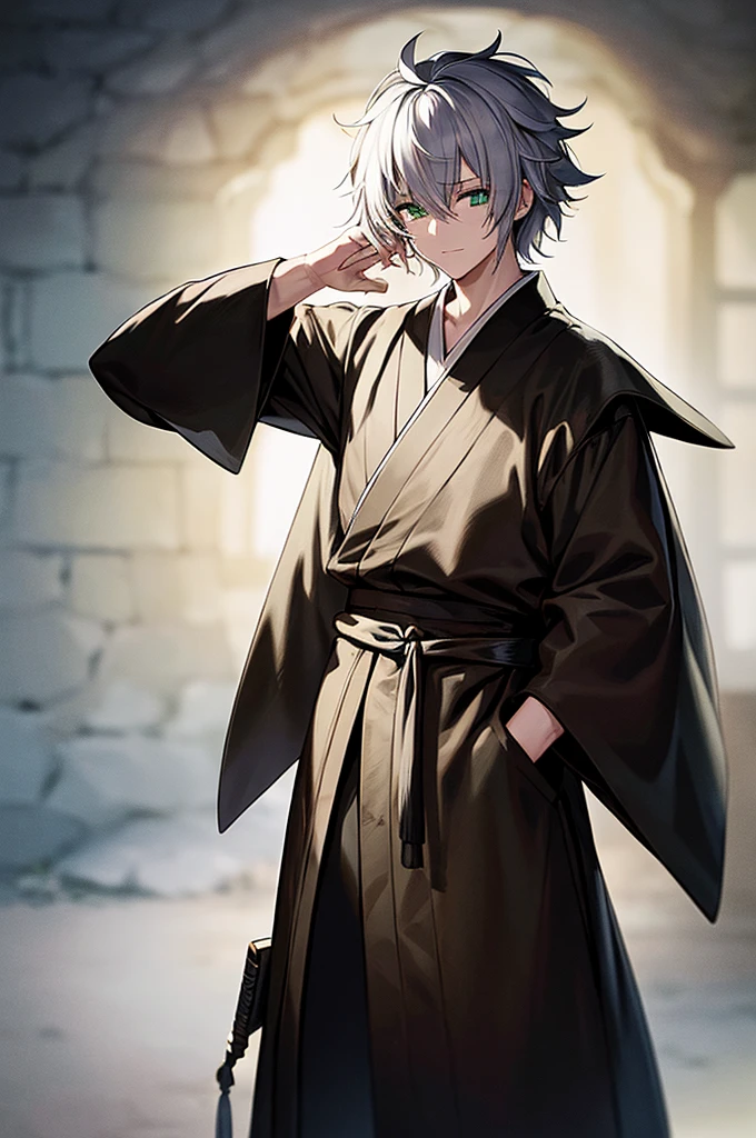 ((Pixiv)),(masterpiece_portrait),(Wuxia),(10s-anime-aesthetic),(Akira Kitamura),1boys,White_skin,sharp_face,medium_hair,white_hair,curly_hair,hair_over_one_eye,light_green_eyes,samurai,Japan,smiling_face,Closed_mouthhalf-closed_eyes,reaching_out,Black kimono,Gray tasuki,White bell-bottoms,Space Gray shoulder_cape,rice_hat,standing,cowboy shot,male_focus,ligne_claire