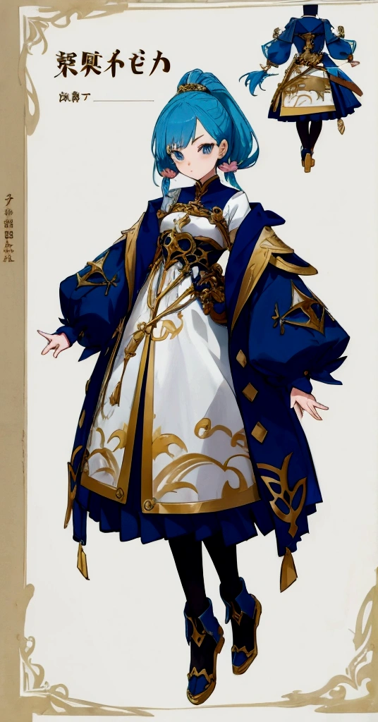 character design board, anime girl, design, just one character, clothes, rotation, fantasy clothes, complex design