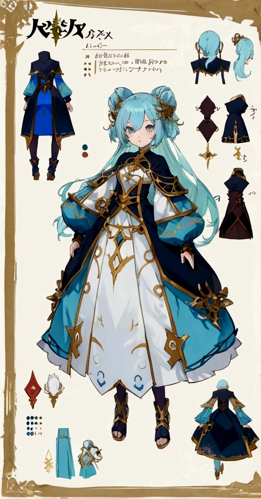 character design board, anime girl, design, just one character, clothes, rotation, fantasy clothes, complex design