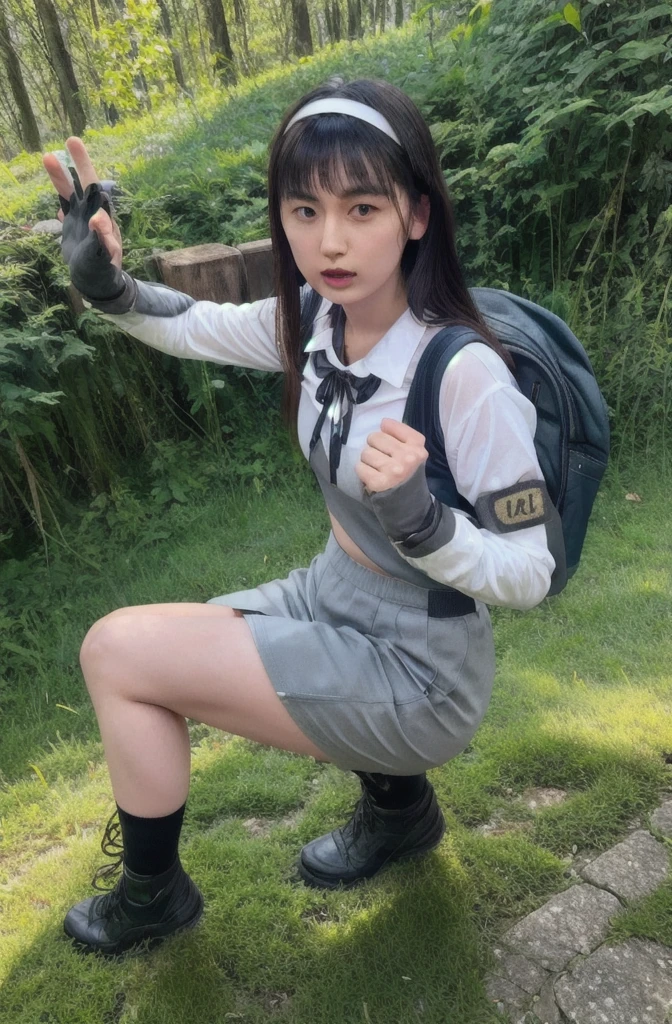 (masterpiece, Highest quality, detailed), One girl, alone, View your viewers, Akemi Ai, Purple eyes, Black Hair, ribbon, hair band, black hair band, neck ribbon, , Long Hair, chest, bangs, soldier, army, Long sleeve, army uniform, Remains, Outdoor, Overgrown, Combat Stance, (fist), gloves, Backpack, Grey Sky, Grapevine, Standing on one leg, anger, Mouth closed