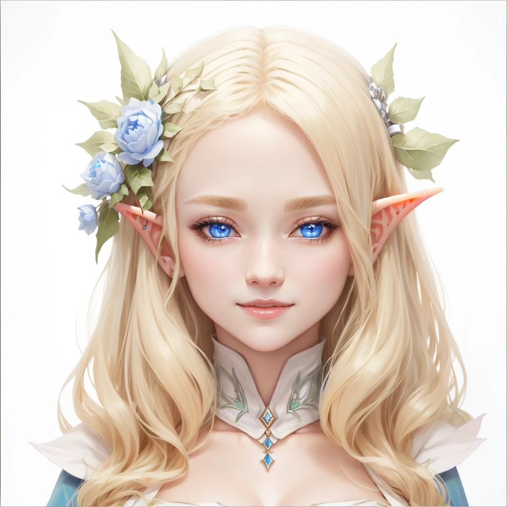 blond Elf 소녀 with blue eyes and a white headband, Elf 소녀, Elf의 초상화, a Elf의 초상화, DND Avatar Portrait of Halfling, Elf 공주, 여성 Elf, Elf character with smirk, 여성 Elfling, Elf의 초상화 queen, Elf, Larafel, Goblin female portrait, Fantasy RPG Symmetrical Portrait